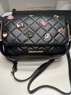Juicy Couture Black Quilted Crossbody with Gold Hardware and Enamel Pin Charms